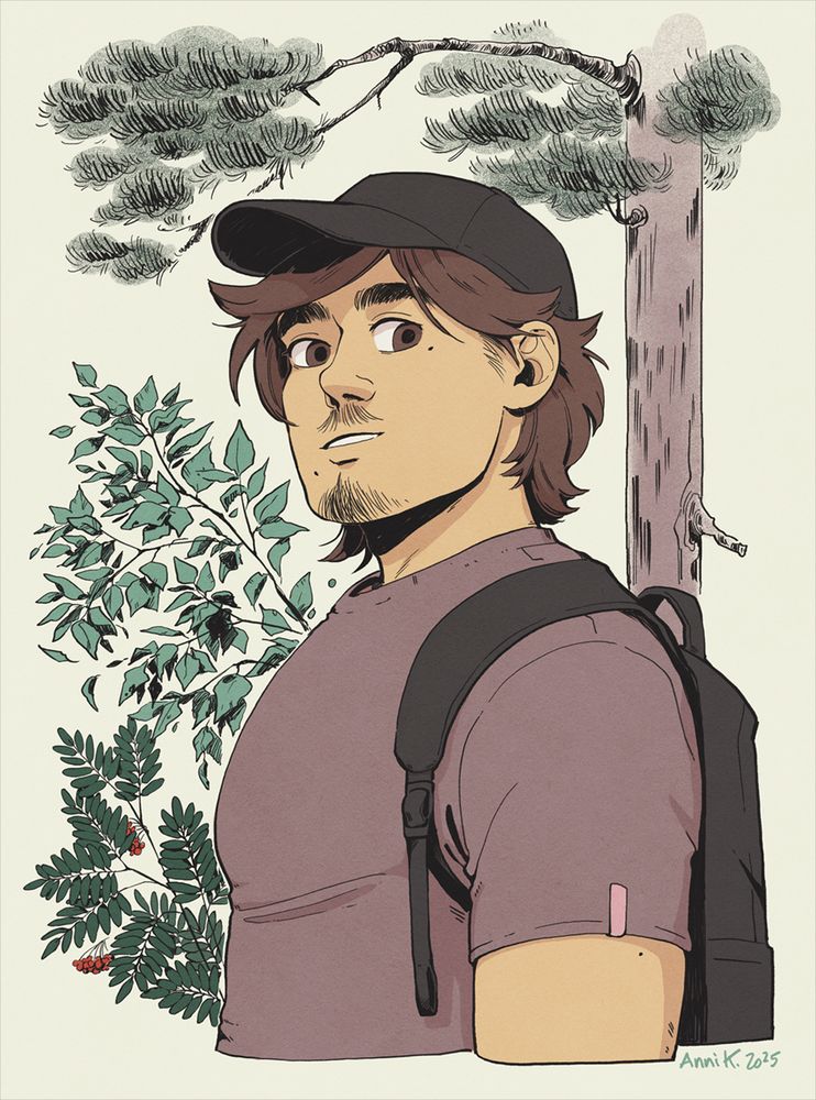 A portrait of Nilsa, a character from the webcomic The Witch Door. he's a young muscular man with brown big eyes and brown long-is wavy hair. He has a little bit of beard and moustache, and some moles. He's wearing a muted brown t-shirt and a black backpack and a black baseball cap. He's looking at us and smiling. There is a pine tree and some green leaved branches in the background.
