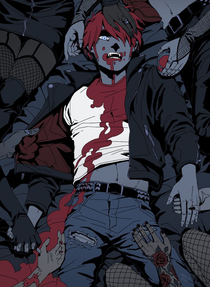 Digital illustration of my vampire character Joa, lying on a bed or something, blood dripping from his mouth to his shirt and jeans, everywhere. Hands and legs of other vampires are visible, surrounding and caressing him. Lots of fishnets and leather. There is also an arm resting against his thing, surrounded by the blood, with puncture wounds by fangs on the wrist. Joa has a wild and confused expression.