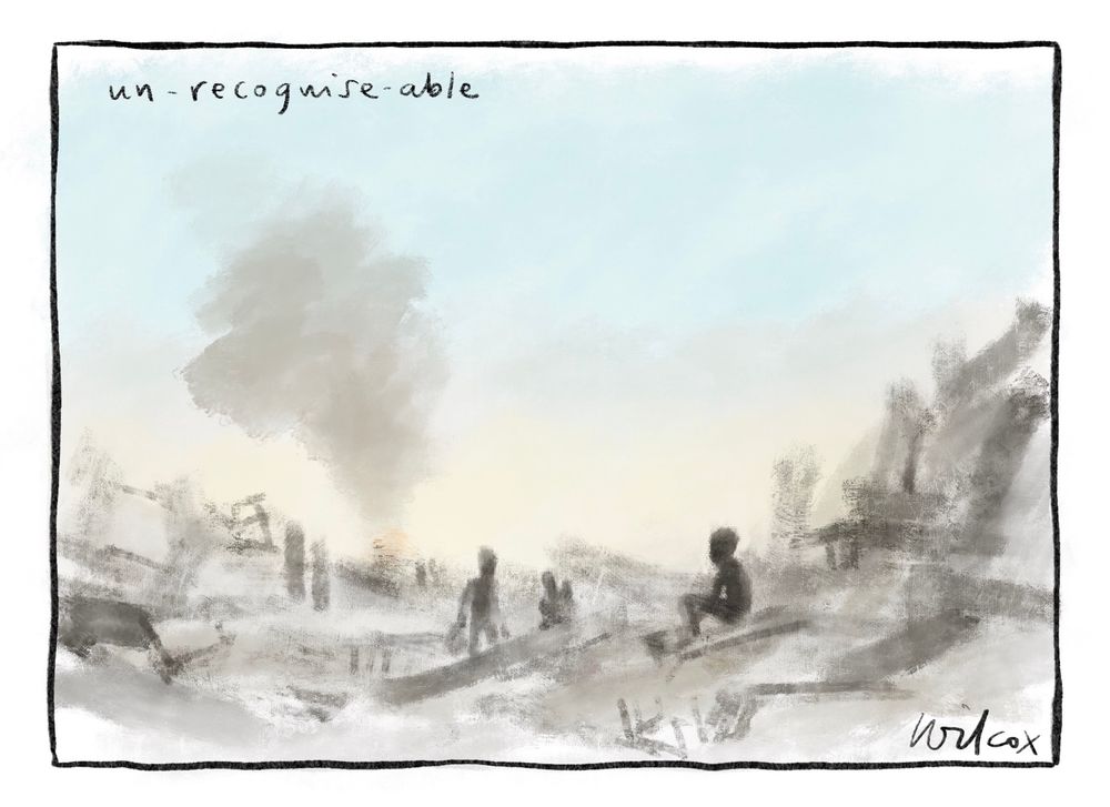 Single frame. Dystopic wasteland, with a few ghostly figures, smoke rising from rubble.
Title: un - recognise - able