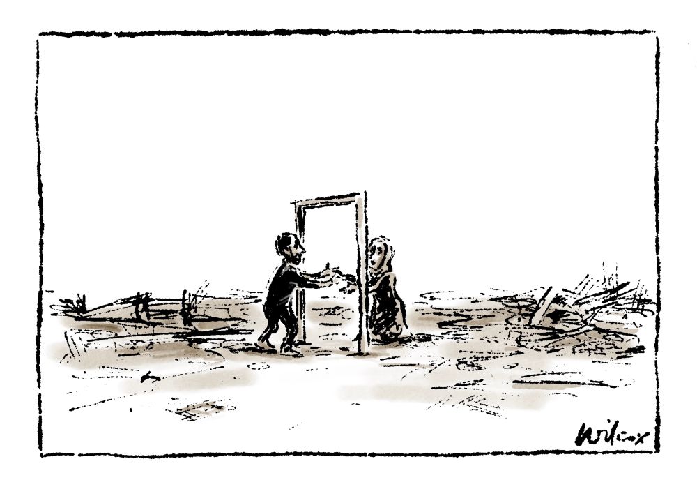 Single frame. Monochrome. Wasteland of rubble and detritus. Man greets woman through a door frame, the only structure in the scene.