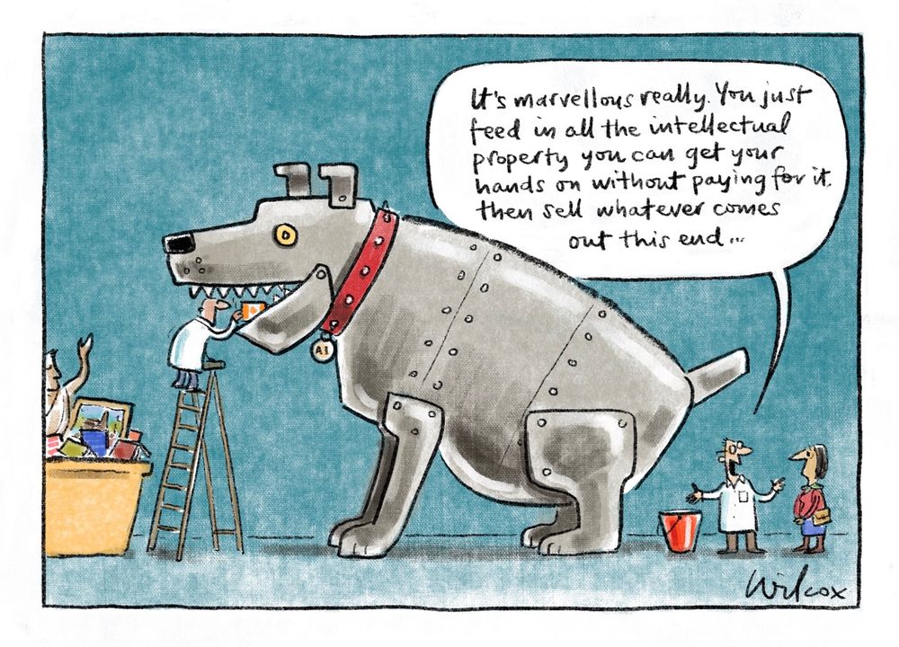 Single frame. Left to right: Skip containing statue, paintings, books visible on left. Man in white coat at top of ladder feeding book into open mouth of a huge robotic dog with studded collar and dog-tag “AI”. Red bucket on floor below dog’s lowered rear. Second white-coated man says to onlooking woman: “It’s marvellous really. You just feed in all the intellectual property you can get your hands on without paying for it, then sell whatever comes out this end…”