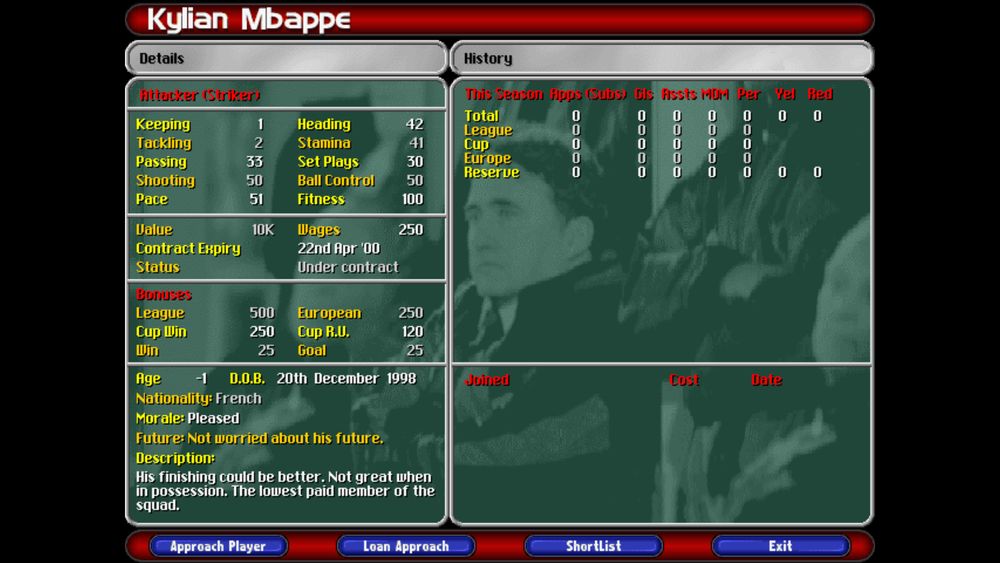A screenshot of Ultimate Soccer Manager 98-99, showing Kylian Mbappe using the USMDE editor. His age simply says "-1".