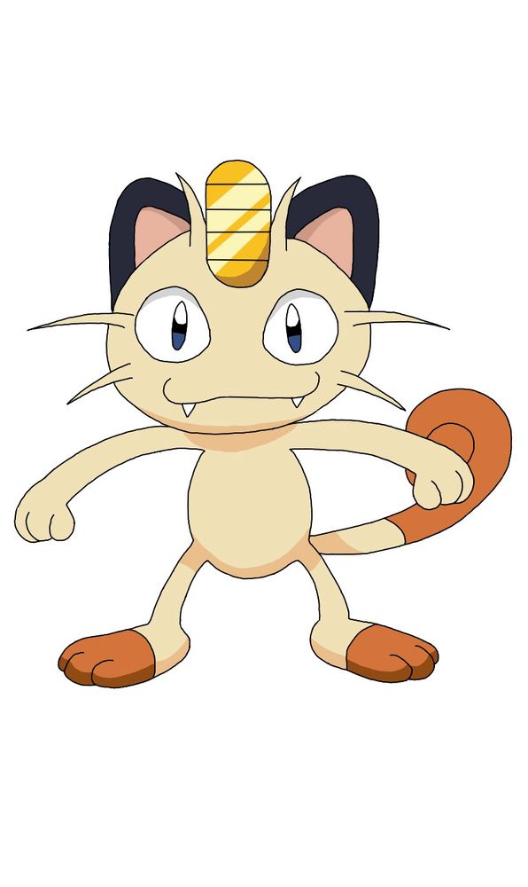 A digital drawing of the Pokémon meowth. It has a wide stance and has its arms out to the sides