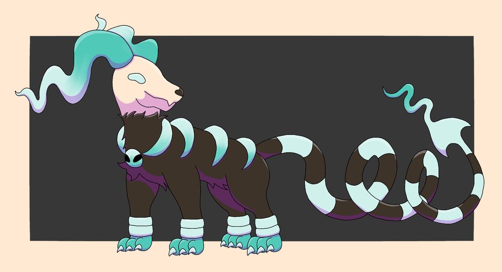 A drawing of a Pokémon OC based on the Pokémon houndoom. It s body is black and its head is a skull. Its horns and accents are a dark teal that shifts into a light teal. It has a long noodle-y tail that ends in a spade shape