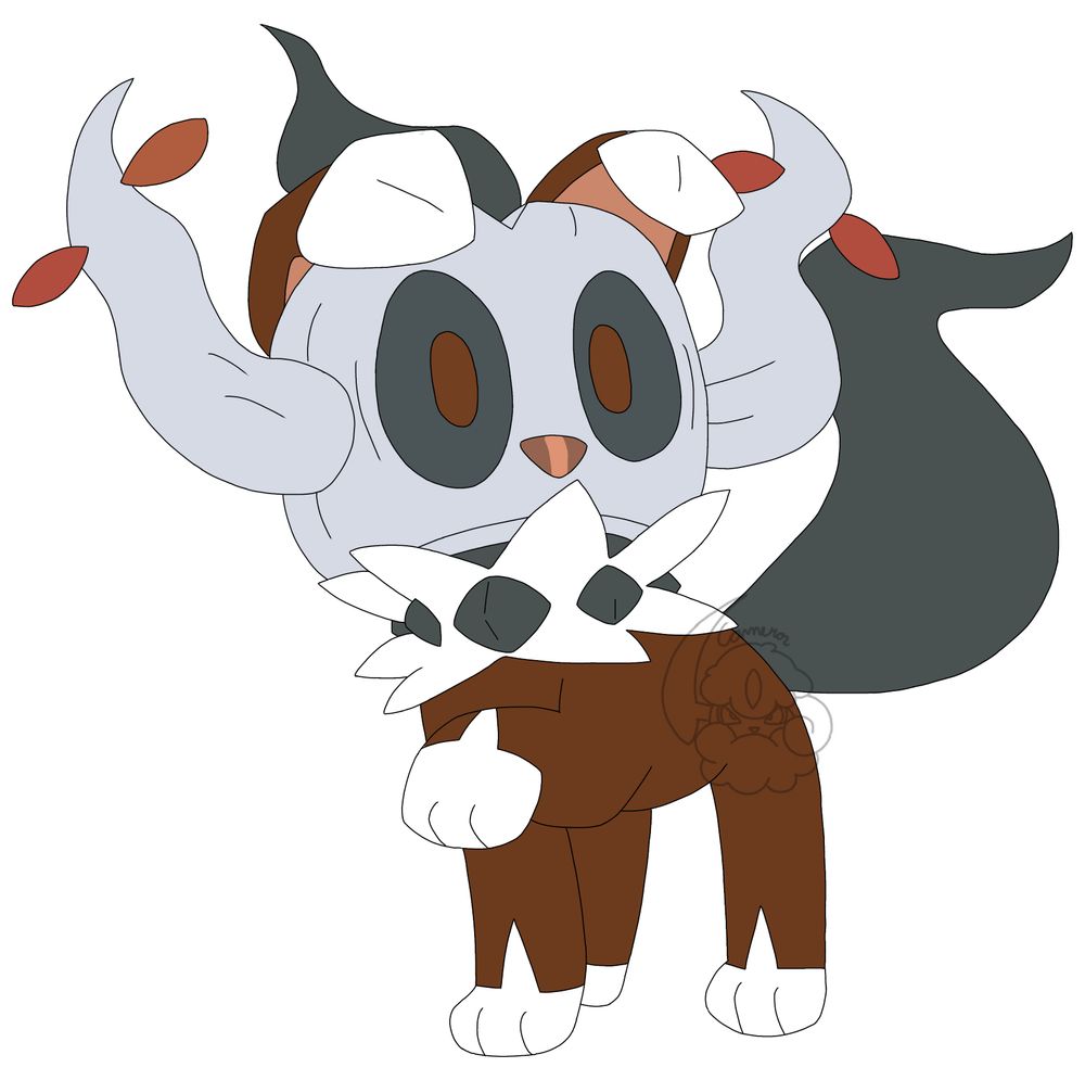 A digital drawing that is a fusion of the two Pokémon phantump and rockruff. 
