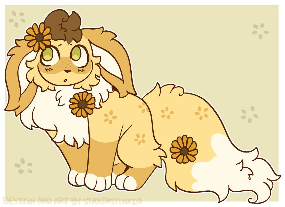 A digital drawing of my eevee OC. He’s yellow and white with yellow flowers on his tail, chest, and head. His ears are down and he has a tuft of brown hair on his head