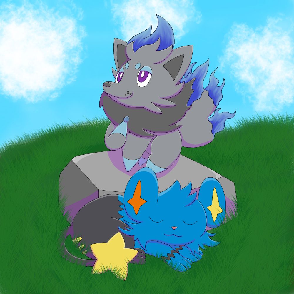 A digital drawing of two Pokémon ocs. One is a zorua and the other is a shinx. 