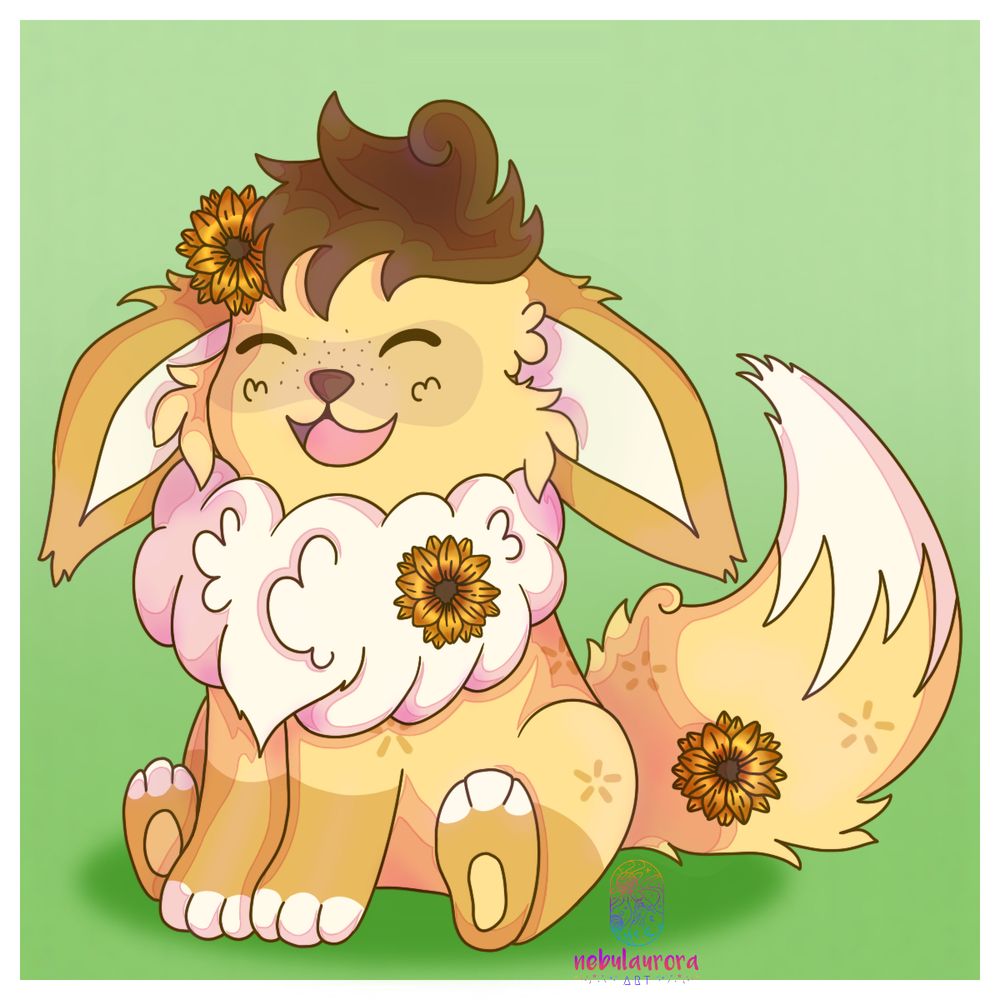 A digital drawing of my eevee OC. He’s yellow and white with yellow flowers on his tail, chest, and head. His ears are down and he has a tuft of brown hair on his head