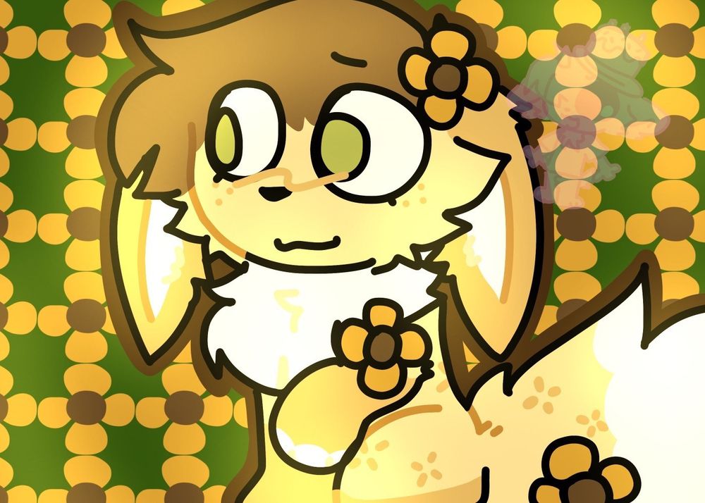 A digital drawing of my eevee OC. He’s yellow and white with yellow flowers on his tail, chest, and head. His ears are down and he has a tuft of brown hair on his head