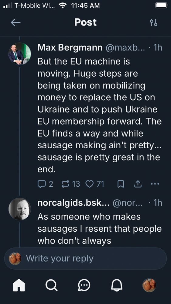 Post by @maxbetgmann reads

“But the EU machine is moving. Huge steps are being taken on mobilizing money to replace the US on Ukraine and to push Ukraine EU membership forward. The EU finds a way and while sausage making ain't pretty... sausage is pretty great in the end.”
To which someone replies pedantically about sausage making