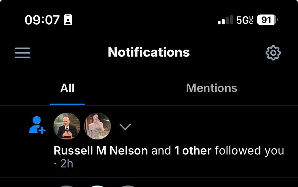 A screenshot showing a notification that Russel M Nelson now follows me on Bluesky. 