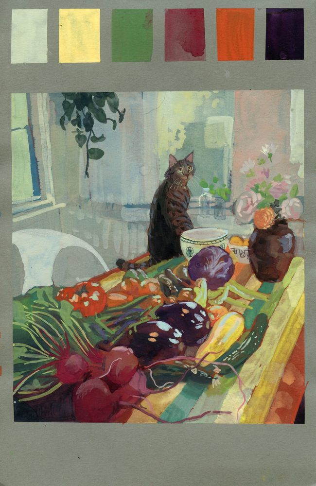 A gouache study of a colourful striped table
Replete with round globes of vegetables
A vase of pale pink roses 
A Tabby cat regarding over it's shoulder
Light bounces off the aubergine from multiple windows
warm and cold
while the beetroot sit in their own crimson shadows.
