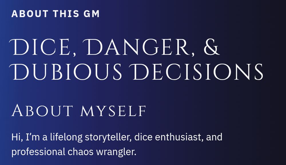 An example of the published profile page with H1 and H2 headings as styled with markdown.