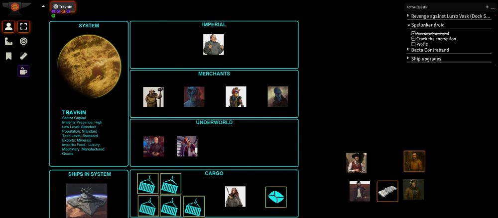 A view of a game screen of Foundry virtual table top playing a game of Star Wars TTRPG.