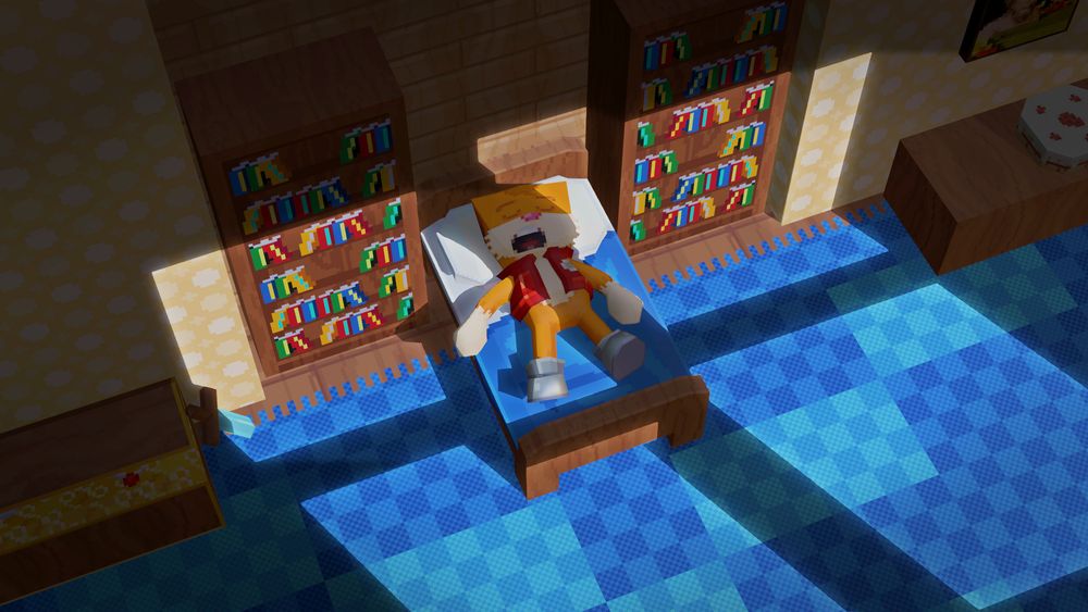 Low-poly art of Stampy Cat sleeping in his bedroom