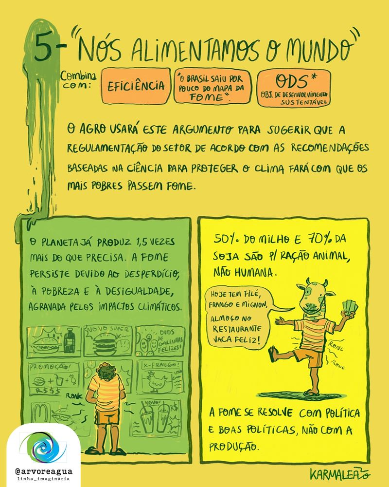 Imagem com texto com o seguinte título: "5- Nós alimentamos o mundo. Combina com: eficiência, intensidade de emissões, Objetivos de Desenvolvimento Sustentável (ODS), nutrição, “O Brasil saiu por pouco do mapa da fome”.
Abaixo o texto: "O agronegócio usará esse argumento para sugerir que qualquer tentativa de regulamentar o setor de acordo com recomendações baseadas na ciência para proteger o clima fará com que os mais pobres passem fome."
Abaixo há um quadro com desenho de um menino, com a barriga roncando de fome, olhando para cima,  para muitas propagandas de comida de redes de fast-food. Junto à imagem, está o texto: "o planeta já produz 1,5 vezes mais comida do que precisa, mas a fome persiste devido ao desperdício, à pobreza e à desigualdade — agravada pelos crescentes impactos climáticos."
Ao lado, o quadro seguinte tem o desenho do mesmo menino, usando uma cabeça de vaca de fantasia, segurando tíquetes de almoço e falando "Hoje tem filé, frango e mignon, almoço no restaurante vaca feliz!". Junto ao quadro está o texto: "Cerca de 50% do milho e 75% da soja são destinados à alimentação animal, não humana. A fome se resolve com políticas e boas políticas, não com a produção."