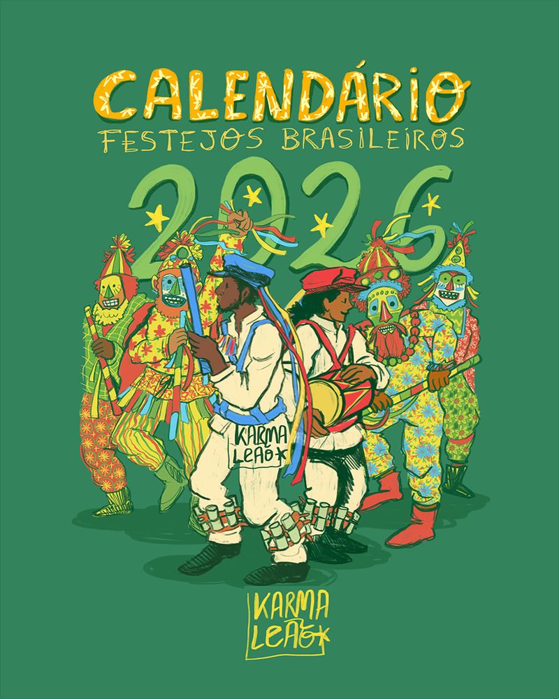 A imagem mostra uma ilustração de divulgação do Calendário 2026.
No topo da imagem há o texto: "Calendário 2026: Festejos brasileiros."
Abaixo vemos centralizados dois personagens com roupas da congada, festejo popular mais conhecido em cidades do interior. Eles vestem chapéus com fitas, vestem branco e tem tornozeleiras de lata, um instrumento musical comum da congada de Minas Gerais. 
Um personagem segura um bastão e o outro segura um tambor, apoiado por um talabarte em seus ombros. 
No fundo da imagem, perto dos personagens no centro, há quatro personagens mascarados, com roupas multicoloridas, chapéus com fitas e segurando bastões. Eles são os mascarados da Festa da Folia de Reis. Abaixo do desenho há a assinatura "karmaleão".