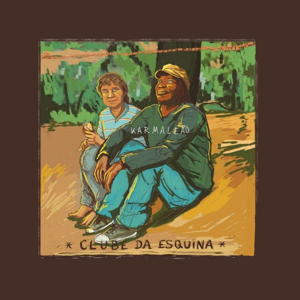 Desenho baseado na capa do álbum do Clube da Esquina. À esquerda está Lô Borges, sorrindo olhando para frente. Ao seu lado está Milton Nascimento que sorri olhando para cima. Ambos estão vestidos como os meninos da foto do álbum da banda. Abaixo do desenho está escrito "Clube da esquina".