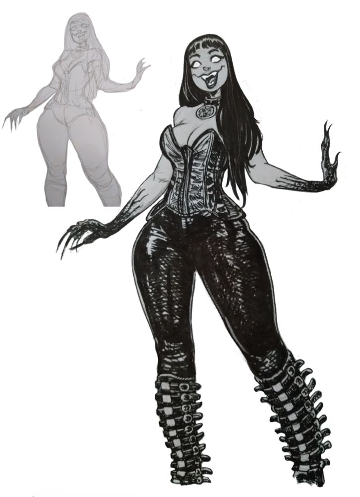 Desenho feito com marcador preto de uma personagem feminina de longos cabelos pretos com uma vibe entre vampira e gótica, ela usa um corset, calça justa preta e longas botas cheias de fivelas.