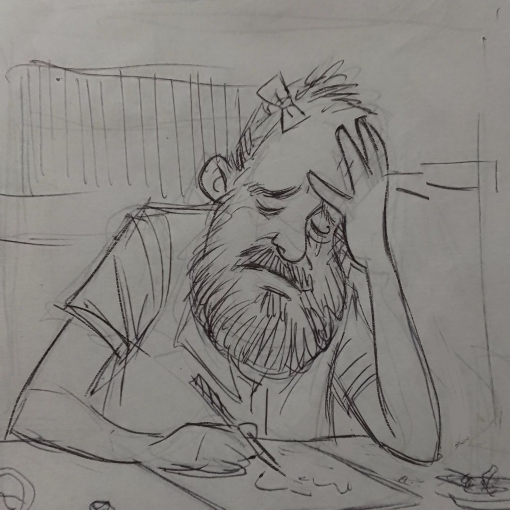 Auto retrato em que estou na pose do meme da garotinha que chora enquanto tenta desenhar/escrever.