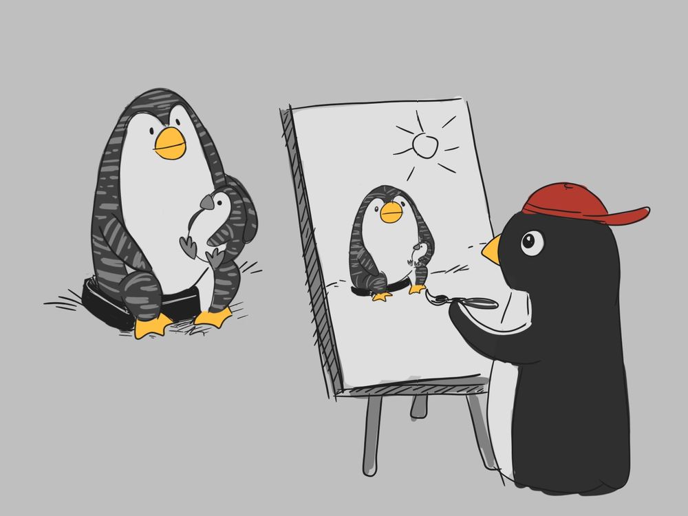 Desenhos dos pinguins do meme em que mãe pinguim vem penhorar seu filhote Patrisio para a confusão do pinguim funcionário da loja de penhor.
No desenho a mãe pinguim posa com Patricio em seu colo enquanto o funcionário de boné vermelho os pinta numa tela.