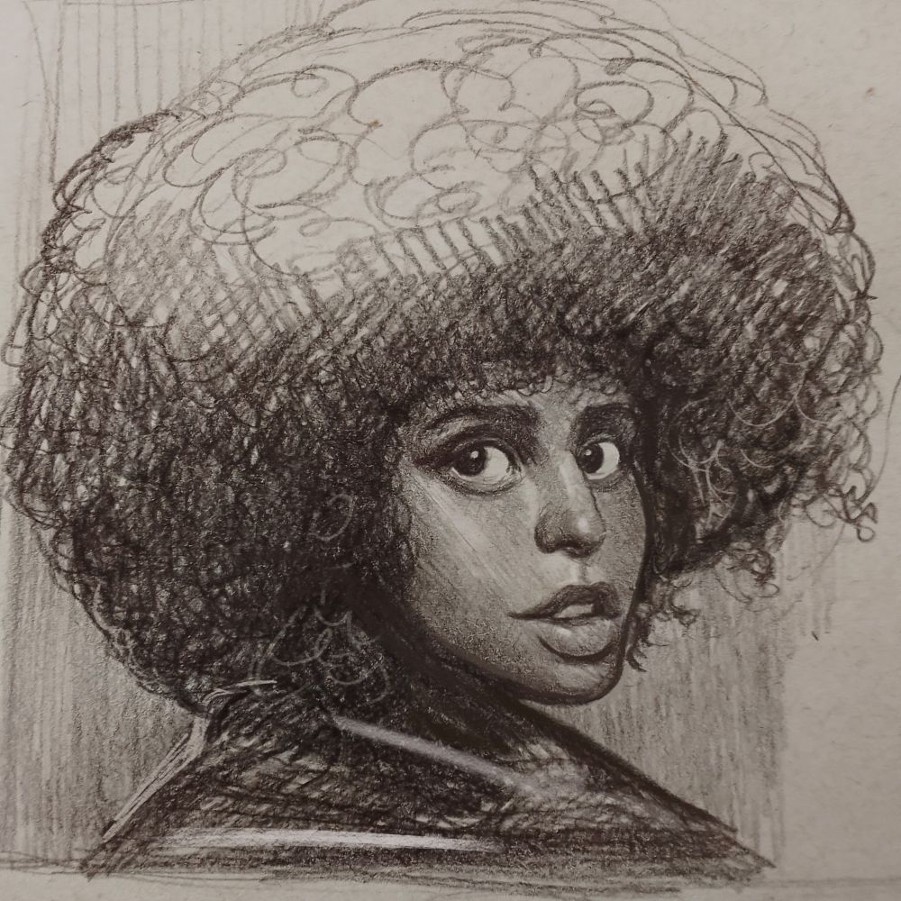 Retrato estilizado feito com lápis 6B do rosto de uma jovem mulher negra visto de um angulo 3/4.
O cabelo encaracolado é bastante solto e alto, é a parte mais incompleta do desenho que no resto esta renderizado em um tipo de semi realismo que mistura técnicas de hachura e gradação por preenchimento uniforme.