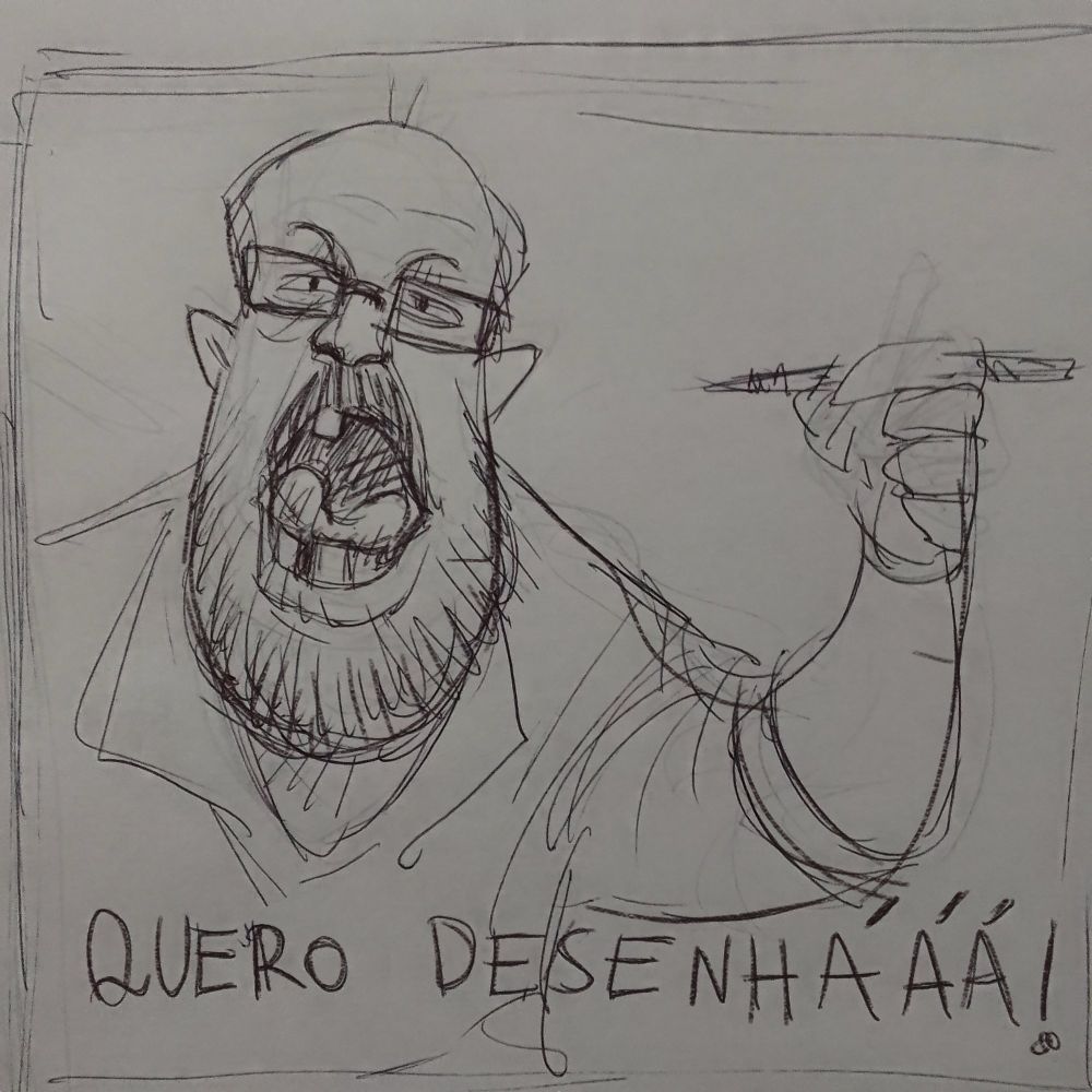 Auto retrato em que estou na pose do meme do senhor gritando "quero café" mas em vez grito "quero desenhá".