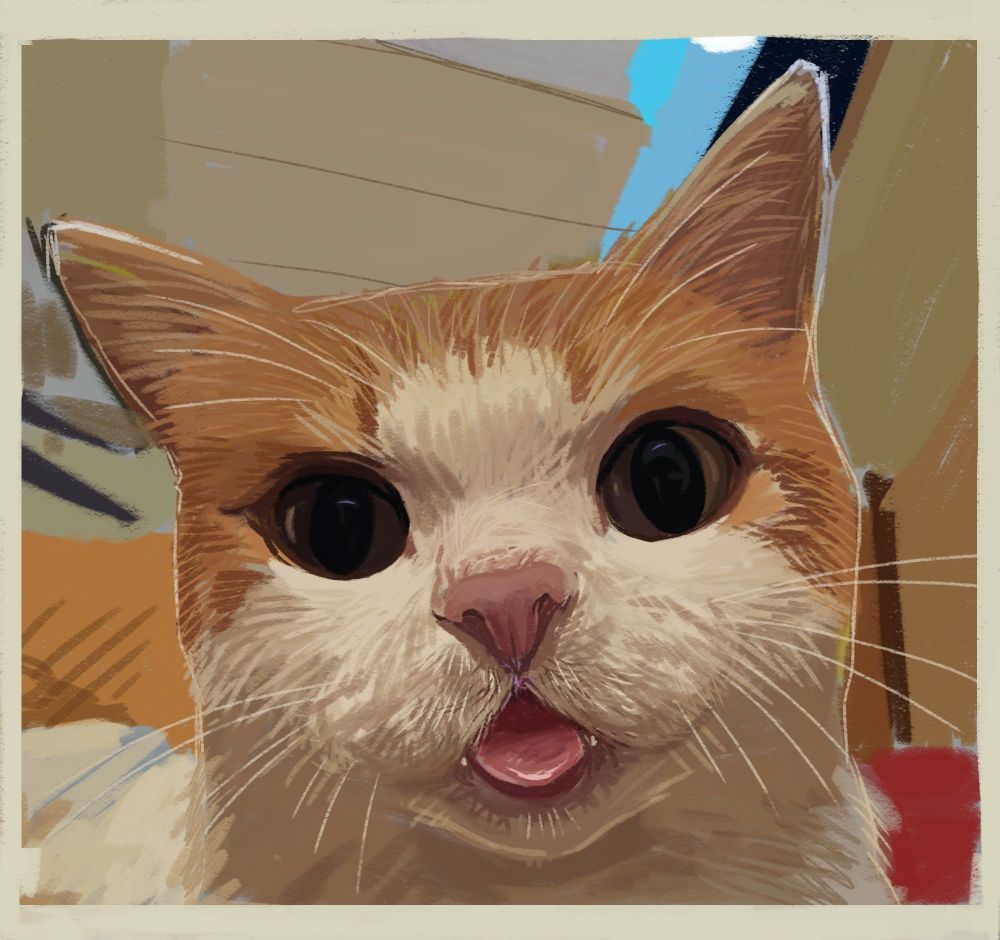 Desenho digital do rosto de um gatinho laranja e branco mostrando a língua
