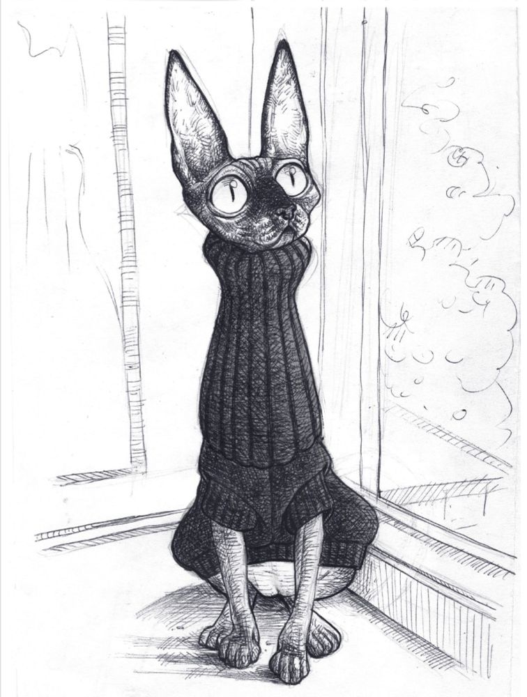 Caricatura de um gato sphynx sentado e usando uma blusa de tricô.
Feita com caneta esferográfica numa técnica de hachura e retoques digitais. 
