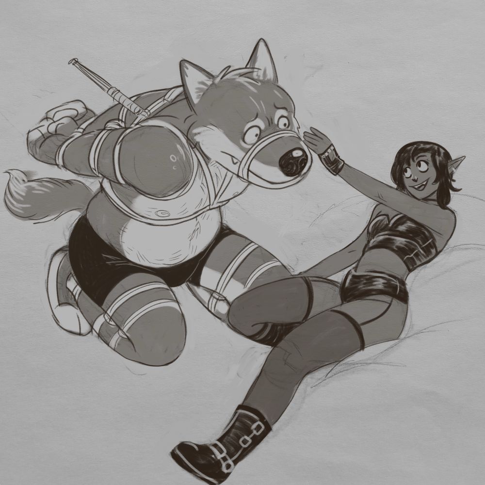 Desenho de um lobo antropomorfizado amarrado de joelhos se inclinando pra uma personagem morena deitada a sua  frente e estendendo a mão para toca-lo no focinho.
A personagem veste um conjunto de top e calcinha preto, meia calça, botas e luvas sem dedos.
