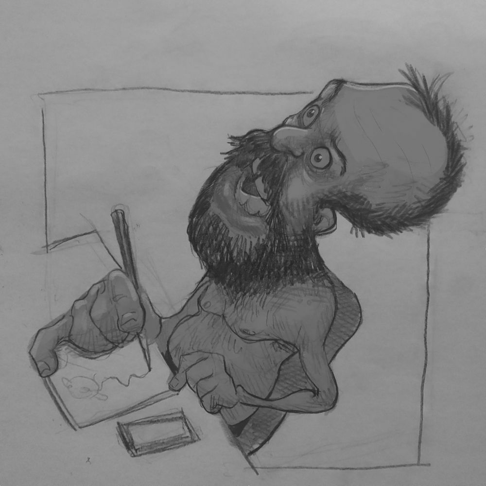Autocaricatura em que me represento de maneira bastante distorcida sentado numa mesa desenhando mas com uma expressão perdida olhando para o nada.
