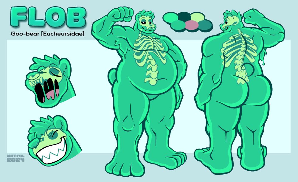 This is a character reference sheet showing an anthropomorphised male bear standing up like a human. The particularly of this character's design is that they're visibly made of goo or slime and contain a spine, a ribcage, and a skull. The character is shown four times on the picture. There is a front view of him flexing his right arm, and a back view of him flexing his right arm once again. Two additional depictions of his head are shown: one of him grinning, and one of him yawning. This reference sheet was drawn by the artist named Motfal.