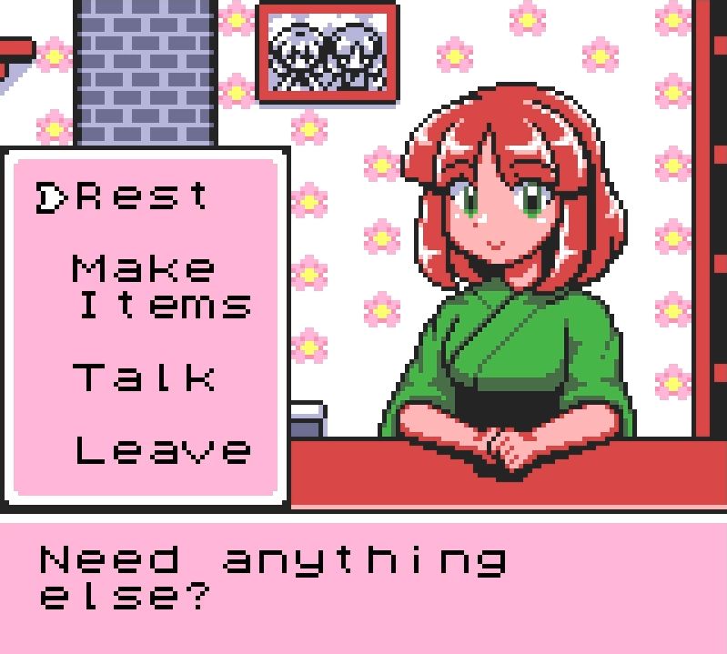 Screenshot of my previous game, Kira Kira Magical Stars, showing Hikari's Place, where you can rest, make items and talk to Hikari, it closely mimics the GBC Hardware.