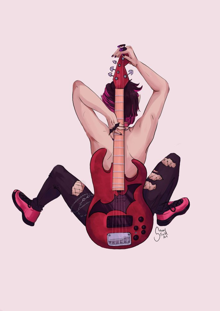 Pop music Lilia sitting backwards, shirtless, legs spread, holding his guitar against himself 