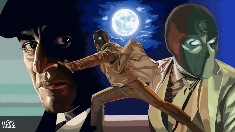 My digitally painted montage of Mr. Knight and Jake Lockley from the finale of Moon Knight. A full moon sits in the center of the sky. Painted with Sketchable. 