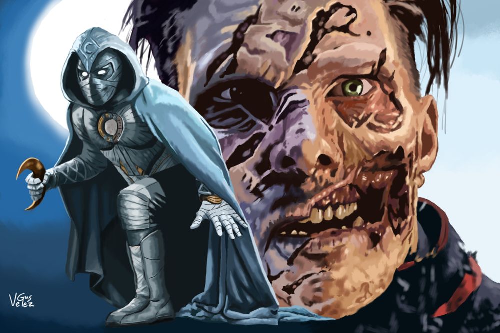 My digital painting of MoonKnight and zombie Strange. MoonKnight is crouching with his cape draped over his shoulders and a full moon behind him. Digitally painted with Sketchable.