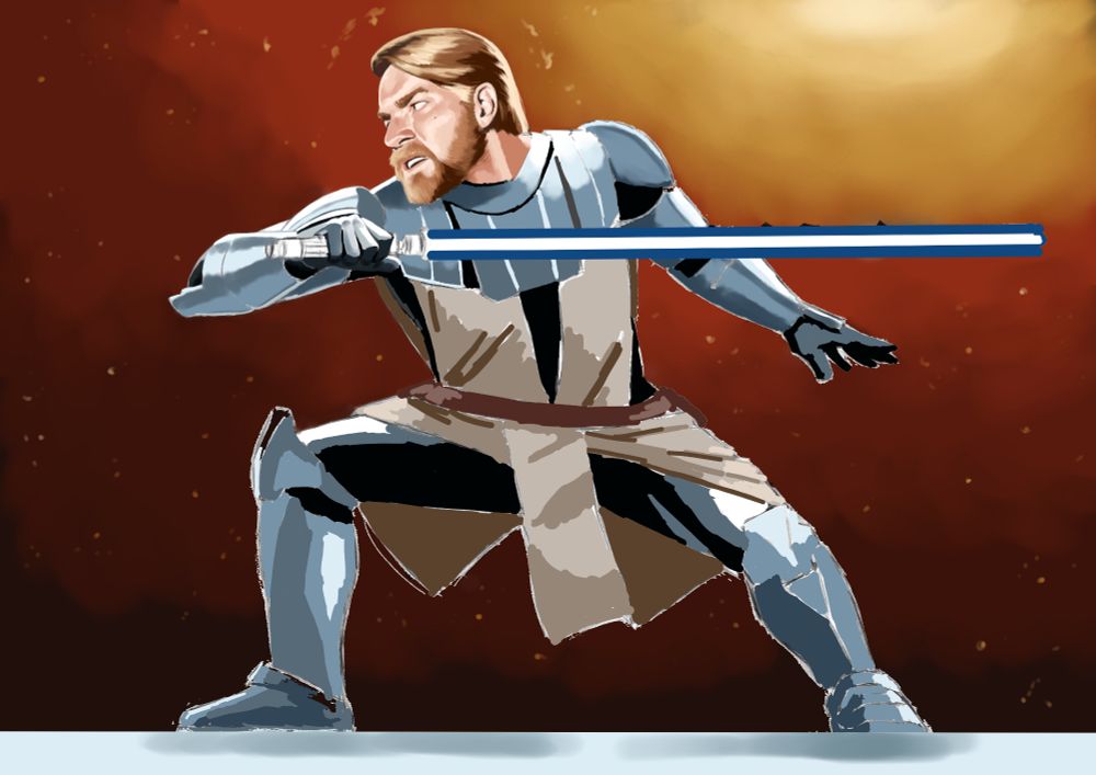 Digital painting of Obi-Wan in progress. He's lunging forward, holding his lightsaber horizontally across his shoulders while wearing his Clone Wars suit. 