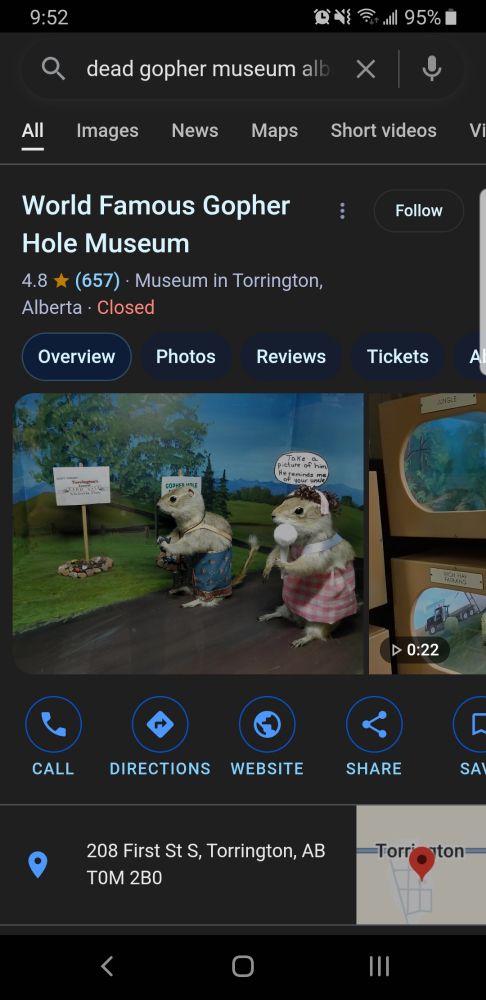 This is a screenshot of a Google search result for "dead gopher museum alberta." The top result is for the World Famous Gopher Hole Museum, which is located in Torrington, Alberta. 

The main image shows a diorama featuring two taxidermied gophers dressed in human clothing. One gopher is in a plaid pink dress with a bonnet, holding a teacup, and the other is in a blue dress holding a camera. Behind them is a sign reading "Gopher Hole." A speech bubble above one gopher says:
"Take a picture of him. He reminds me of your uncle."