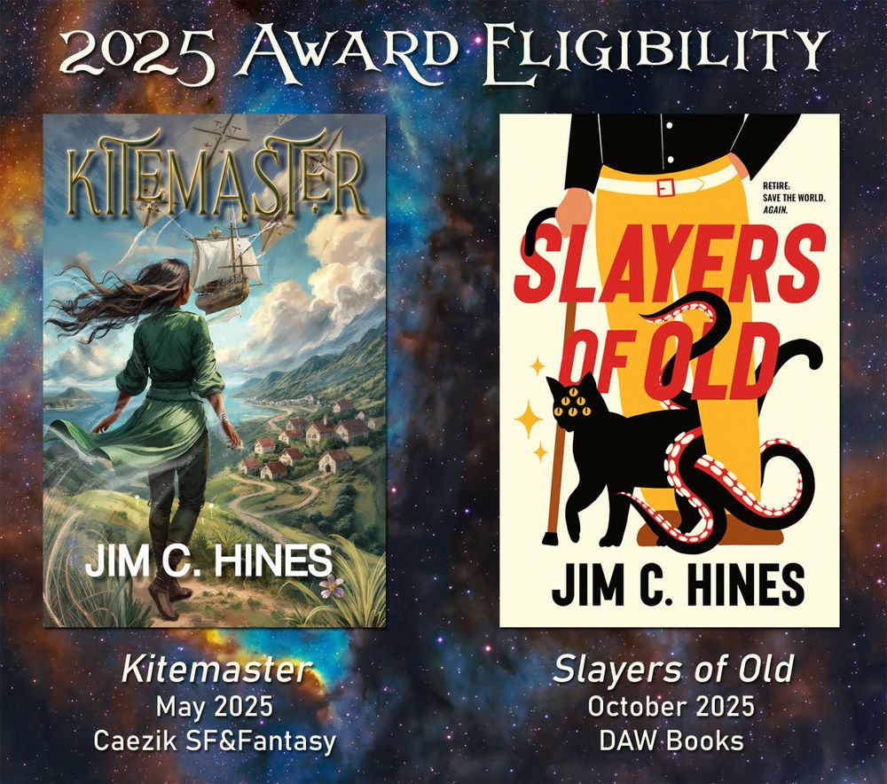 Cover art for KITEMASTER and SLAYERS OF OLD on a Nebula background.