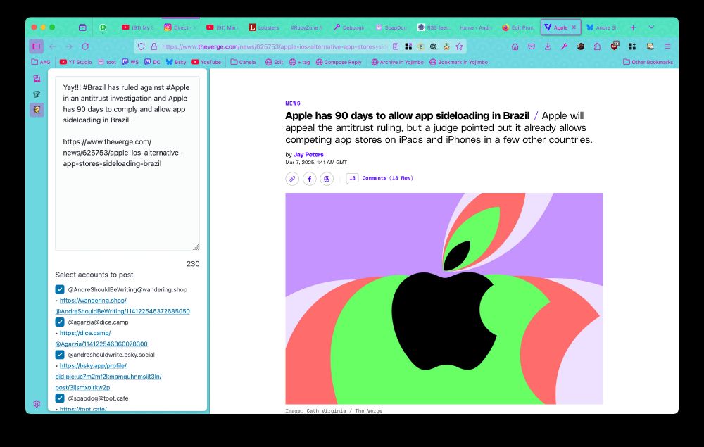 screenshot showing news article and a sidebar for composing a new post from blogcat add-on for firefox.