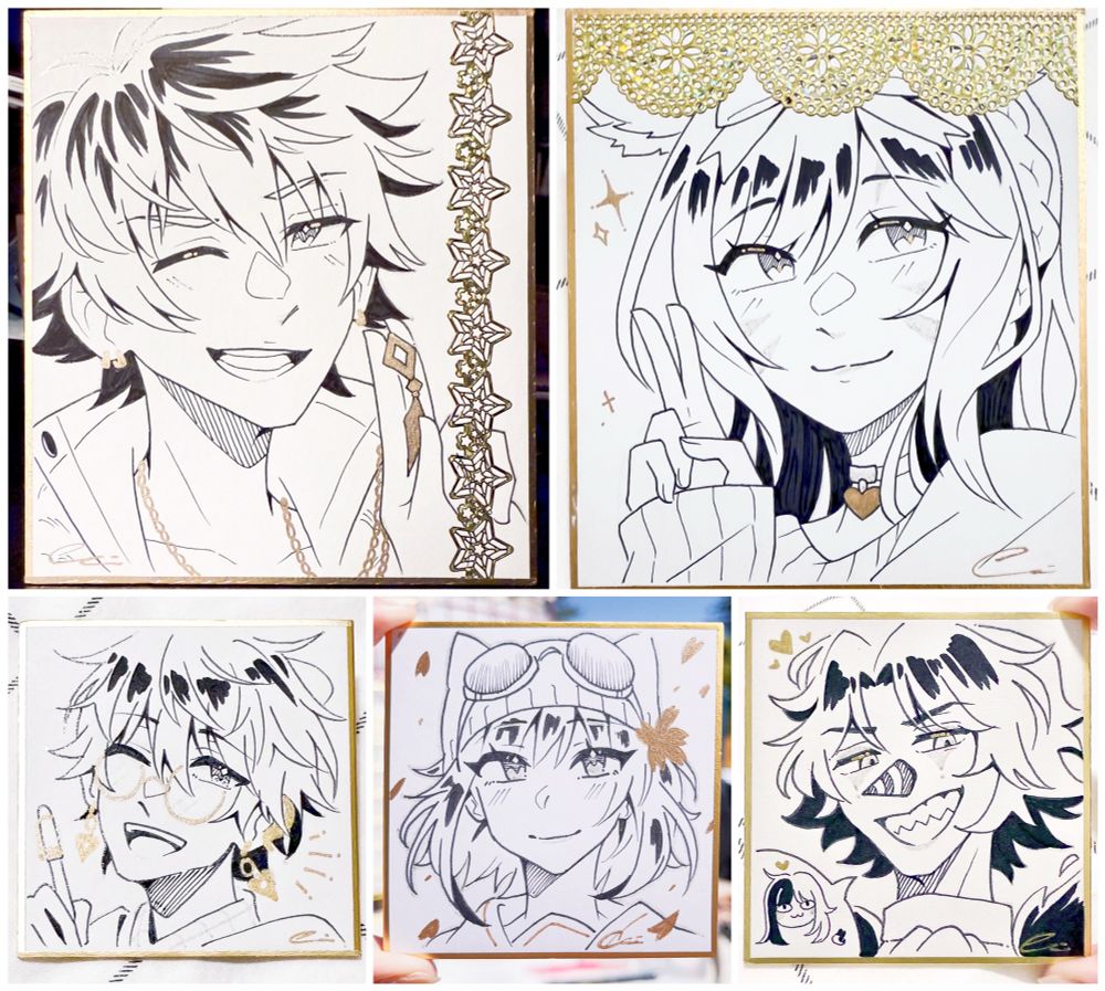 Five different shikishi board commission examples. The two in the top row are in regular size, while the three in the bottom row are in small size.