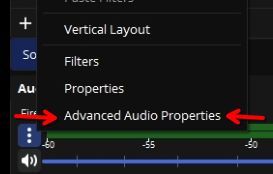 Screenshot of an audio source submenu in OBS with arrows pointing at the Advanced Audio Properties button