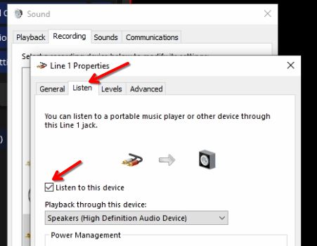 Screenshot of the Properties sub-window in the Listen tab with arrows pointing at the Listen tab and the "Listen to this device" setting