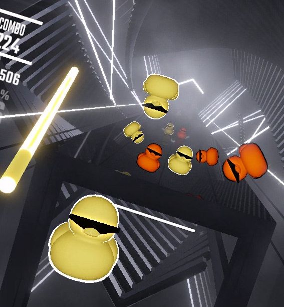 Screenshot of Beat Saber gameplay, but the notes are rubber ducks wearing some cool and hip sunglasses.