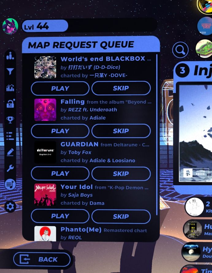 Screenshot of the SpinRequests mod for Spin Rhythm XD, with a few maps in the queue list.