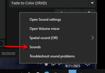 Screenshot of the right-click submenu of the Sound settings in Windows's system tray in the taskbar with an arrow pointing at Sounds