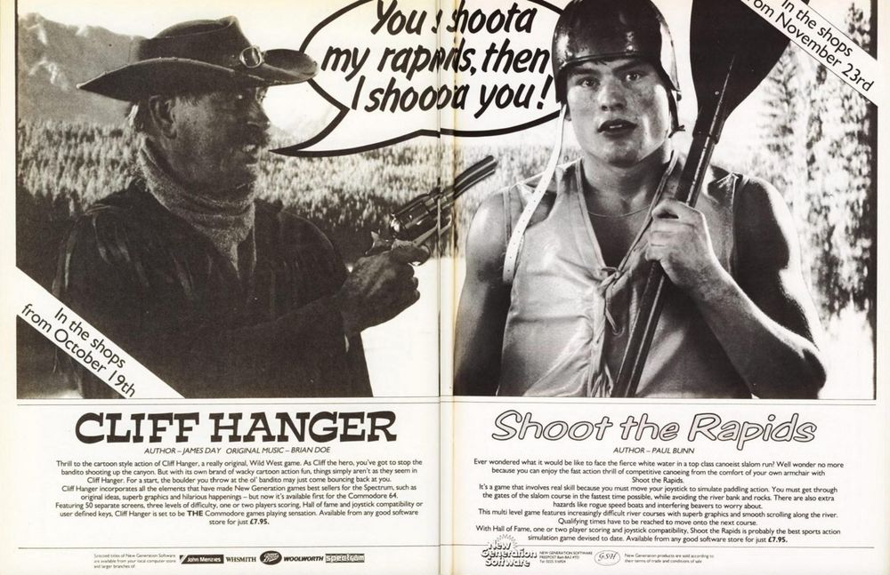 Dobbeltsidig reklame for Cliff Hanger og Shoot the Rapids. Begge for Commodore 64.