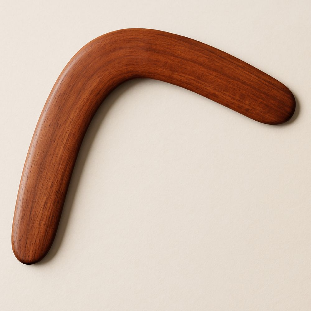 ChatGPT's boomerang. Plain wood. The angle is wrong but it is a million times closer than midjourney 