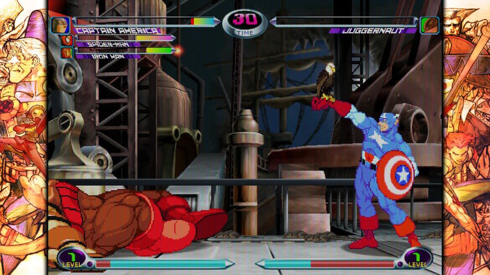 Captain America celebrates a victory over Juggernaut in Marvel vs. Capcom 2: New Age of Heroes.