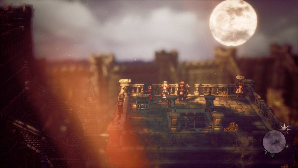Image of the party on a castle rooftop in Octopath Traveler 2.